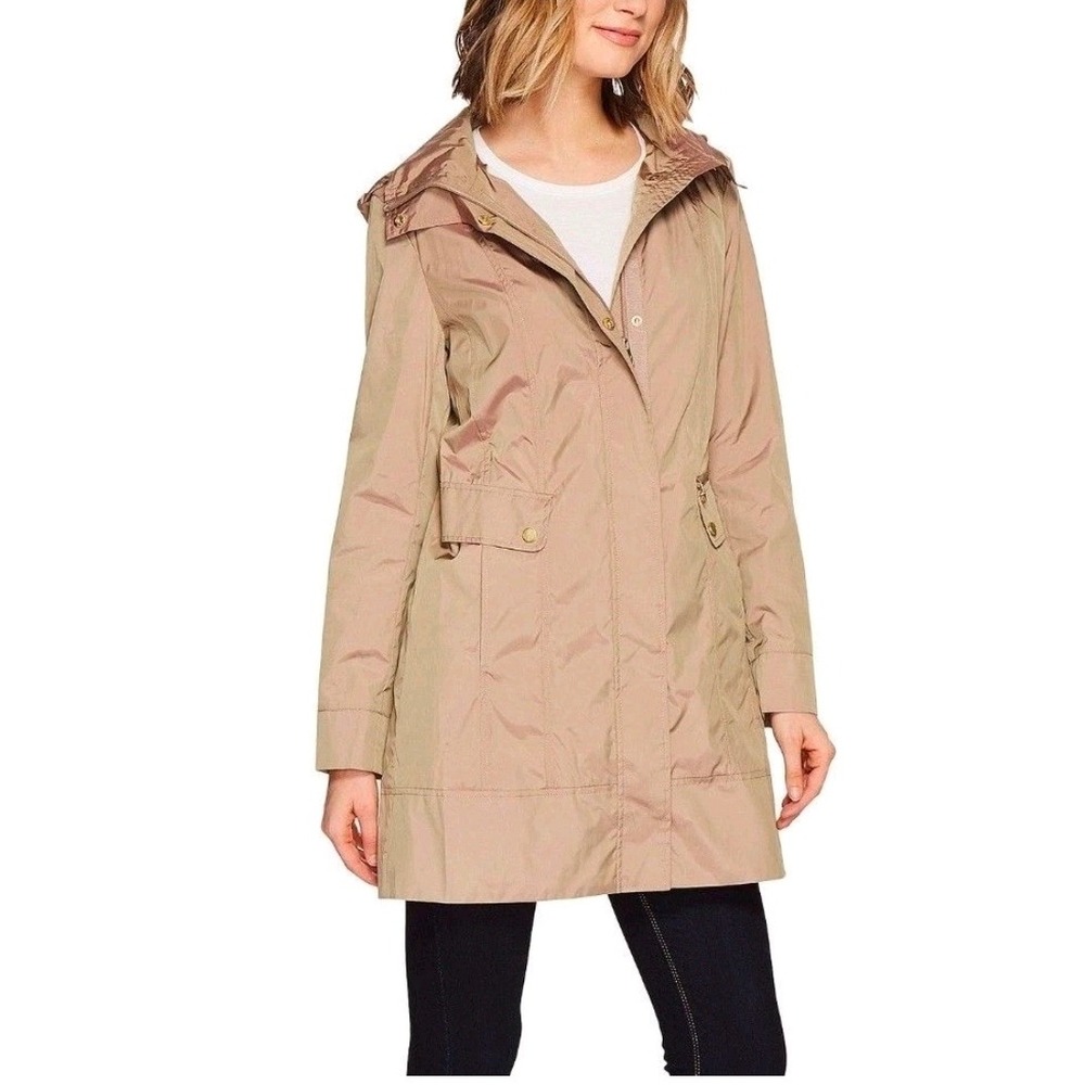 Cole Haan Womens Tan Champagne Hooded Rain Jacket Coat Large Career Work Outdoor